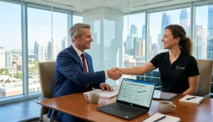 A high-quality photograph captures a successful business meeting in a glass-walled conference room. A male client in a navy suit shakes hands across a desk with a female Managed Service Provider (MSP) representative in a black polo shirt, with an open laptop displaying "Service Agreement Proposal."