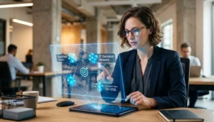 A professional woman with glasses in a modern office points at a translucent blue holographic screen visualizing business data. The screen highlights specific categories: "Qualified Leads," "IT Decision Makers," and "Company Size 50-200," connected by data lines to a bullseye target icon