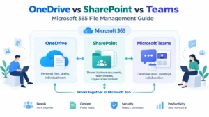 OneDrive vs SharePoint vs Teams comparison showing Microsoft 365 file management roles