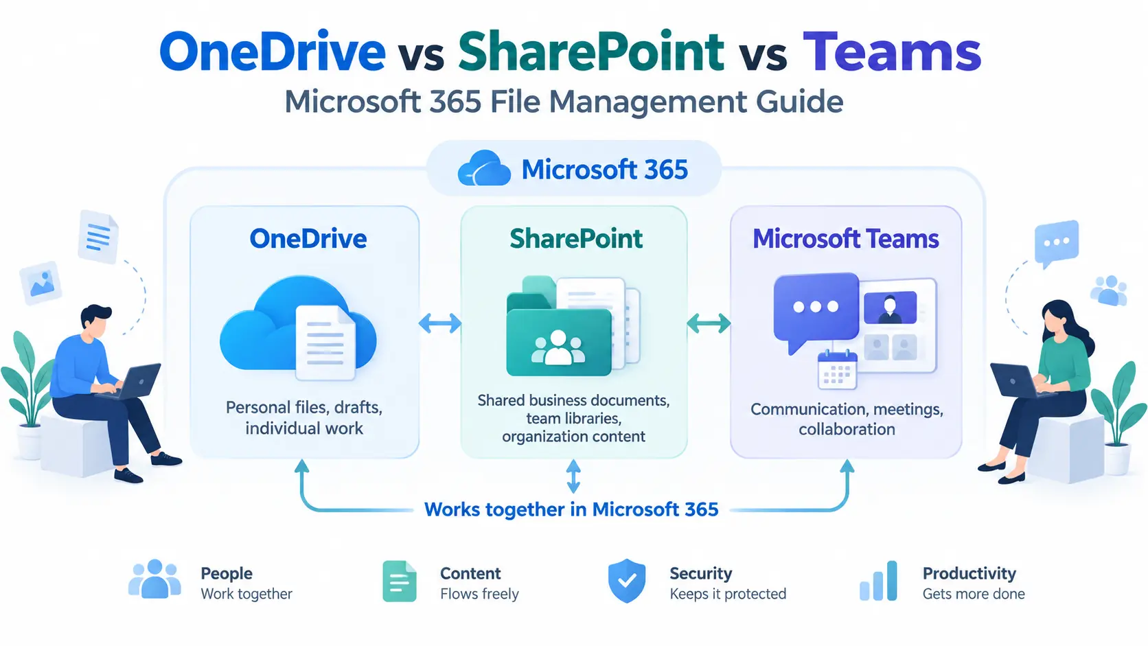 OneDrive vs SharePoint vs Teams comparison showing Microsoft 365 file management roles